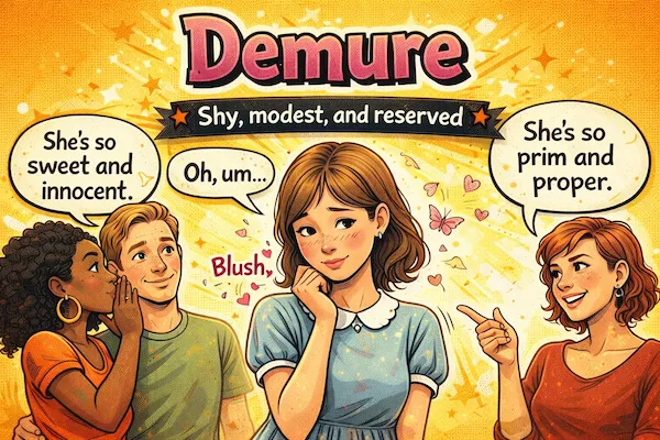 Landscape illustration explaining the slang demure, showing a shy and modest person with soft expressions, quiet posture, and a reserved, gentle demeanor.