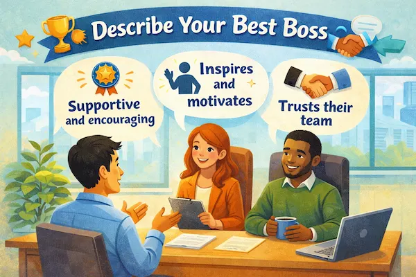 Landscape illustration of a job interview where a candidate describes their best boss, showing supportive leadership qualities, motivation, trust, and professional discussion.