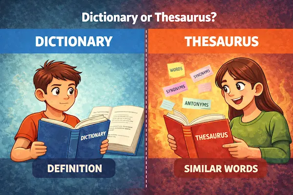 Landscape illustration comparing Dictionary and Thesaurus, highlighting definitions on one side and synonyms and antonyms on the other.