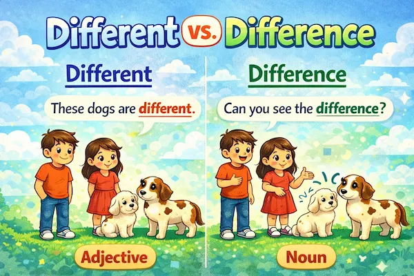 Cartoon illustration comparing “different” and “difference,” demonstrating their grammatical roles with children and dogs to show how the adjective and noun are used in context.