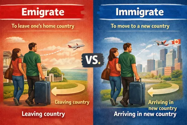 Landscape illustration comparing emigrate and immigrate, with one side showing leaving a home country and the other showing arrival in a new country.