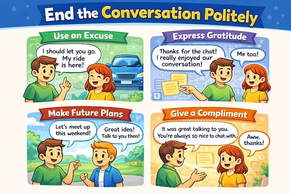 Cartoon illustration of people ending conversations politely through kind excuses, thankful remarks, future plans, and friendly compliments in everyday situations.