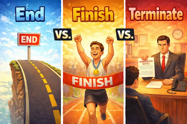 Landscape illustration comparing end, finish, and terminate, with a road ending, a runner crossing a finish line, and a formal termination scene.