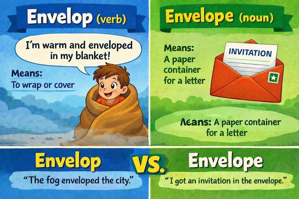 Educational cartoon comparing envelop as a verb meaning to wrap and envelope as a noun meaning a paper container for letters, shown with simple visual examples.