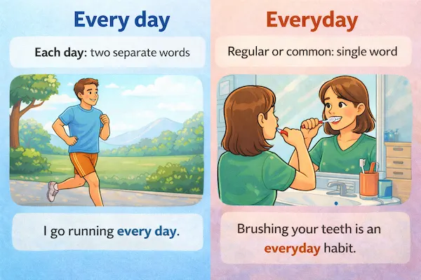 Cartoon illustration comparing every day and everyday in English, with examples of daily routines and everyday habits shown side by side.