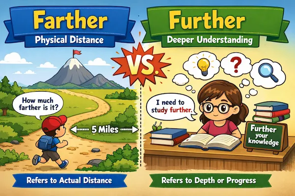 Cartoon comparison of farther vs further, illustrating physical distance with a path and abstract progress with studying and ideas.