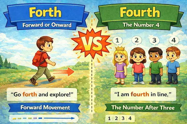 Educational cartoon comparing forth and fourth with a boy moving forward and four children in line labeled 1 to 4 to show spelling and meaning differences.