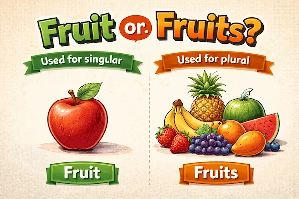Landscape illustration comparing fruit and fruits, showing a single apple for fruit and several different fruits to represent the plural form.