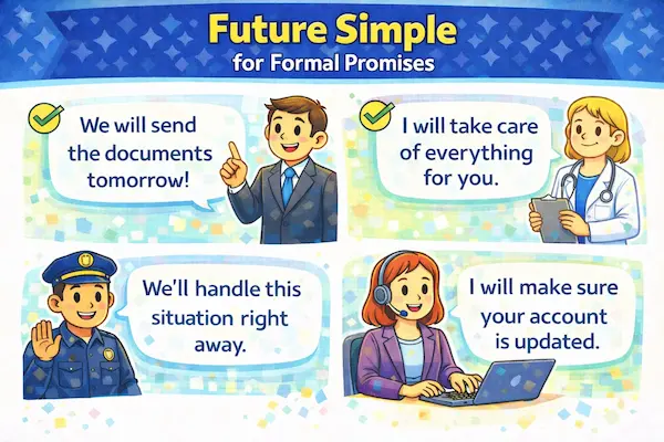 Cartoon illustration of future simple for formal promises, with professionals using will to make clear and confident promises in formal contexts.