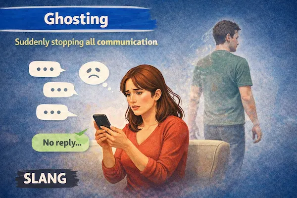 Landscape illustration showing the meaning of ghosting, with unanswered messages, a confused person holding a phone, and another figure fading away.