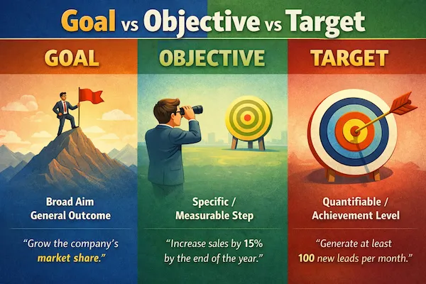 Landscape comparison illustration of goal, objective, and target, featuring a mountain flag for vision, binocular planning for objectives, and a bullseye target for measurable results.
