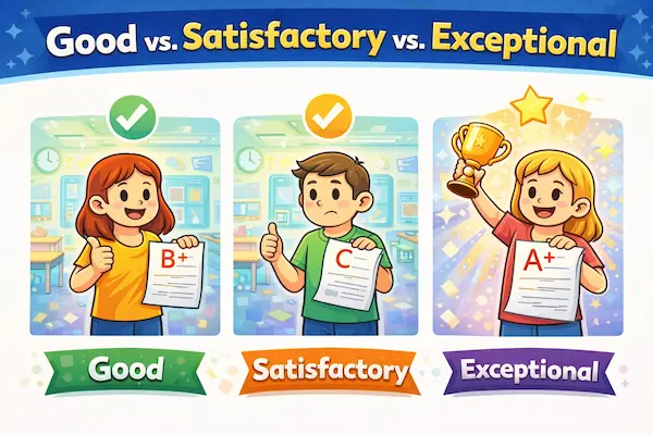Cartoon illustration comparing good vs satisfactory vs exceptional, showing students with different grades and symbols like check marks and a trophy for top performance.