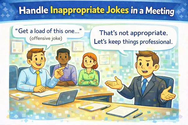 Cartoon illustration of a workplace meeting where an inappropriate joke is addressed professionally and the speaker redirects the discussion by refocusing on the agenda.