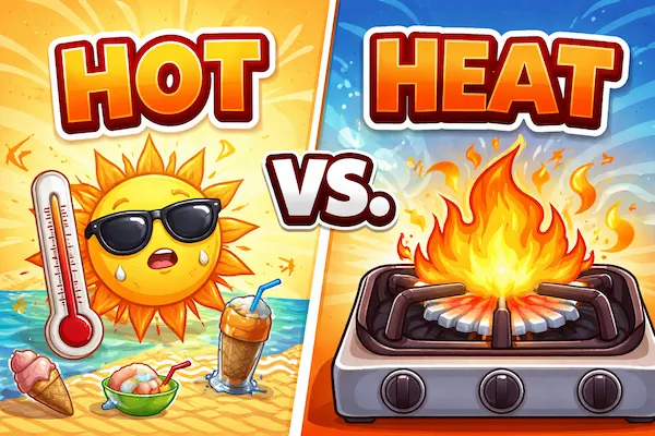 Landscape illustration comparing “hot” and “heat,” with hot shown as a high-temperature condition and heat shown as the energy source producing warmth.
