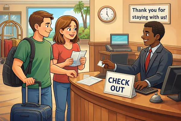 Cartoon hotel front desk scene of guests checking out, returning a key card, reviewing the bill, and preparing to leave with luggage.
