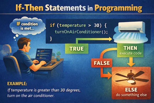 Landscape illustration of if-then statements in programming, featuring a programmer, conditional code, and clear true or false paths leading to different outcomes.