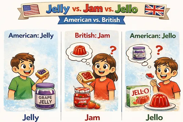 Cartoon comparing jelly, jam, and Jello in American vs British English, with three columns illustrating how each term refers to a different food item.