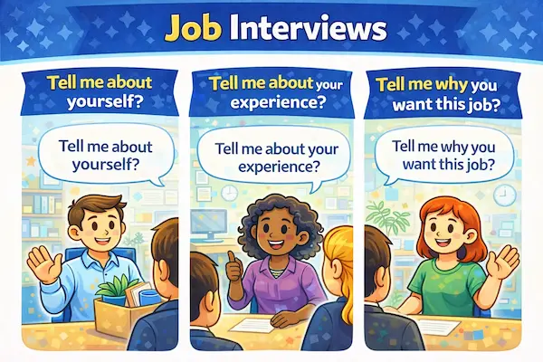 Cartoon illustration of a job interview highlighting “Tell me” questions, with candidates answering about themselves, their experience, and job motivation.