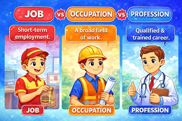 Cartoon illustration explaining the difference between job, occupation, and profession, with three characters representing short-term work, broad fields, and trained careers.