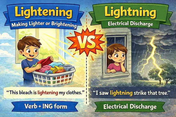 Cartoon landscape illustration explaining lightening vs lightning, contrasting brightening clothes with bleach and a lightning bolt striking during a storm.