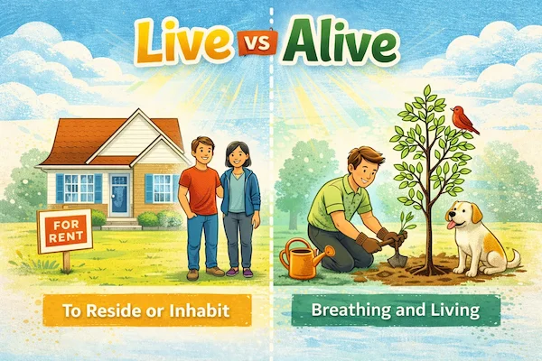 Landscape illustration comparing Live vs Alive, explaining live as a verb for residence or action and alive as an adjective meaning living, breathing, and active.