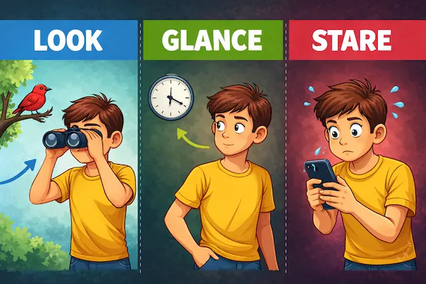 Landscape illustration comparing Look, Glance, and Stare, showing focused looking, quick side glancing, and intense staring with clear visual cues.