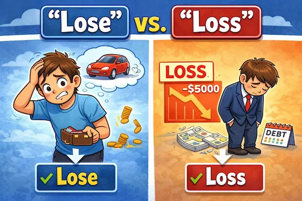 Educational cartoon comparing lose and loss, showing lose as misplacing money and loss as a financial decrease, designed to help English learners avoid confusion.