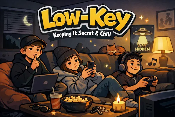 Landscape cartoon illustration of the slang word Low-Key, featuring relaxed people in a dim, cozy room that represents calm, subtle interest, and keeping things quiet or chill.