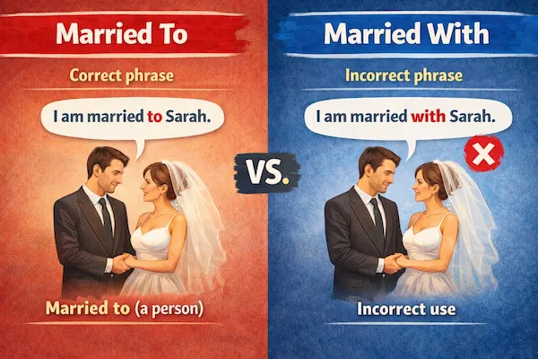 Landscape illustration comparing married to and married with, showing correct marriage phrasing on one side and incorrect usage marked clearly on the other.