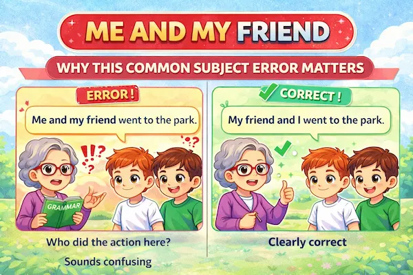 Cartoon illustration comparing the incorrect phrase “me and my friend” with the correct form “my friend and I,” showing why proper subject order matters.