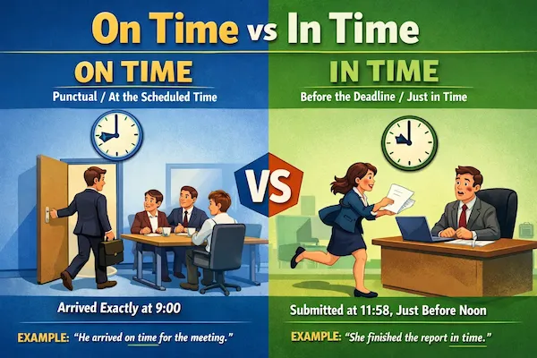Landscape comparison graphic for “On Time” and “In Time,” featuring clocks, a meeting arrival at 9:00, and a last-minute report submission with example sentences.
