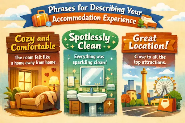 Landscape illustration showing phrases for describing accommodation experience, highlighting cozy rooms, spotless cleanliness, and a great location with clear visual examples.
