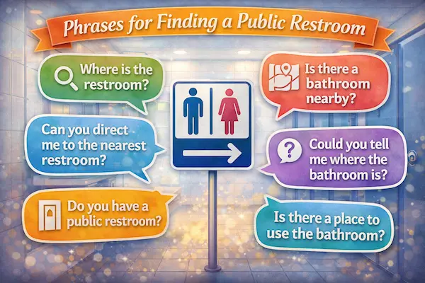 Educational infographic titled Phrases for Finding a Public Restroom with common English questions and restroom symbols to help people ask for directions.