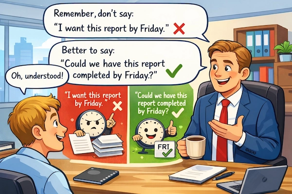 Cartoon illustration of a manager and employee in an office, comparing a direct command with a more polite and professional way to ask for a report to be finished by Friday.