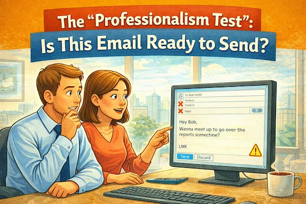 Landscape illustration showing people checking an email for professionalism, visually representing the question “Is this email ready to send?” in a modern office setting.