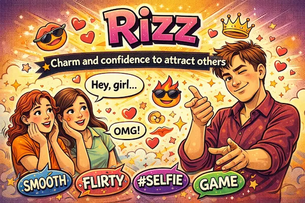 Landscape illustration explaining the slang rizz, showing confidence, charm, and smooth flirting with hearts, smiles, and playful gestures.
