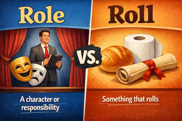 Landscape illustration comparing Role and Roll, highlighting role as a responsibility or character and roll as an object that moves by rolling.