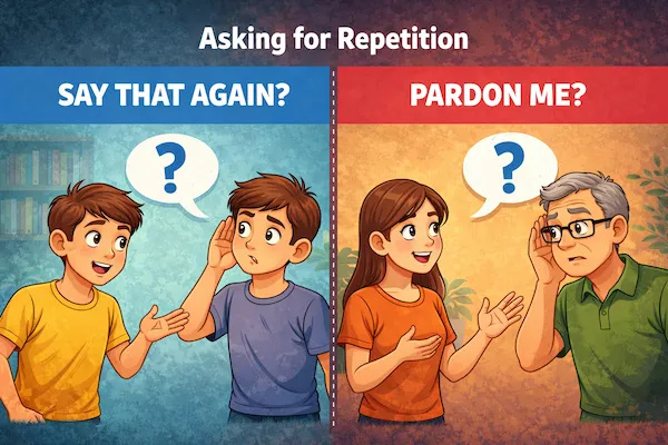 Landscape cartoon illustration showing Say that again? and Pardon me? used to ask for repetition, contrasting casual speech with more polite formal interaction.