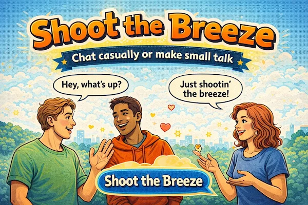 Landscape illustration of people chatting casually outdoors, representing the idiom shoot the breeze as relaxed conversation and friendly small talk.