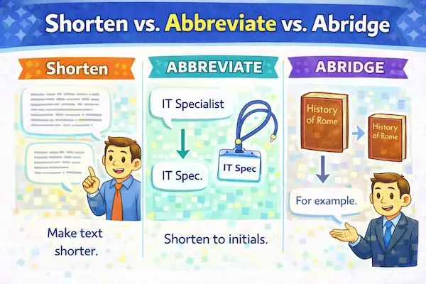 Cartoon illustration explaining shorten vs abbreviate vs abridge, with visual examples of shorter text, initials, and a condensed book version.