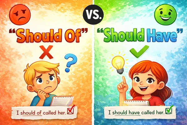 Landscape illustration comparing “should of” and “should have,” highlighting the common grammar mistake and the correct form in English usage.