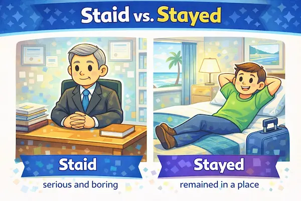 Cartoon illustration comparing staid vs stayed, showing a serious formal person for staid and someone relaxing and remaining in a room for stayed.