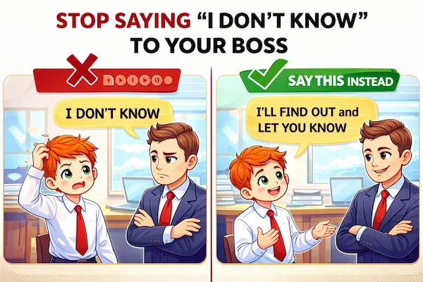 Cartoon office scene comparing an employee saying “I don’t know” to a boss versus confidently saying “I’ll find out and let you know” in a professional setting.