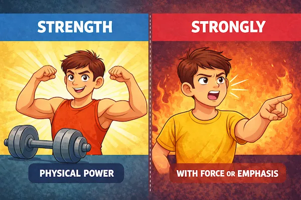 Landscape cartoon illustration comparing Strength and Strongly, highlighting physical power on one side and strong emphasis or determination on the other.