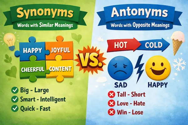 Landscape educational illustration explaining the difference between synonyms and antonyms with paired words, icons, and labels that show similar versus opposite meanings.