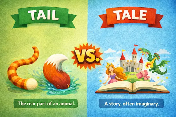 Landscape educational illustration explaining the difference between tail and tale, showing animal tails on one side and a storytelling scene on the other for clear meaning contrast.