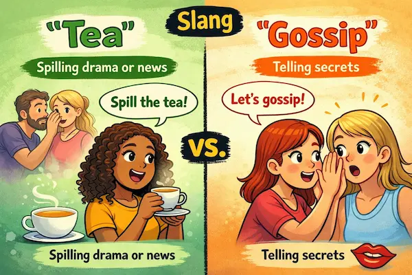 Cartoon illustration comparing the slang meanings of tea and gossip, with people sipping tea to share drama on one side and whispering secrets on the other.
