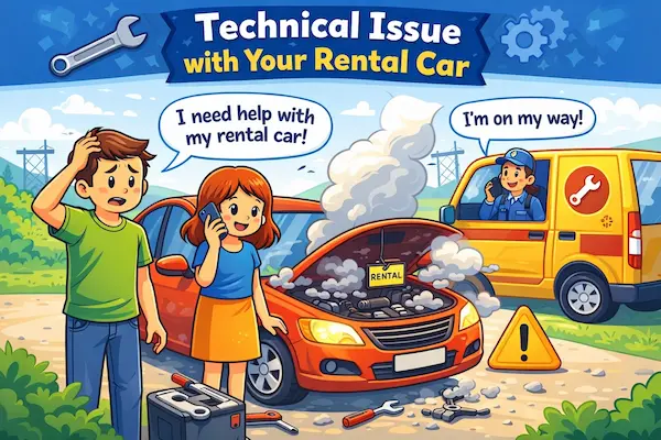 Cartoon illustration of a rental car breakdown with worried travelers calling for help and a mechanic arriving, representing a technical issue during a trip.