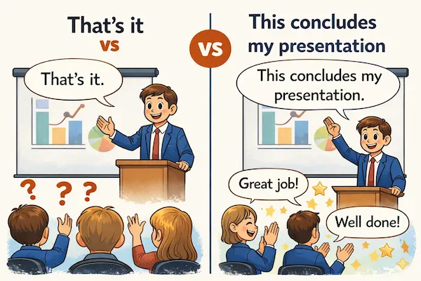 Cartoon comparing “That’s it” versus “This concludes my presentation,” showing the difference between an unclear ending and a polished, professional way to finish a presentation.