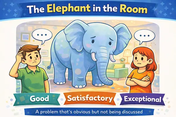 Cartoon illustration of the idiom the elephant in the room, with a big elephant indoors while people awkwardly ignore the clear problem.